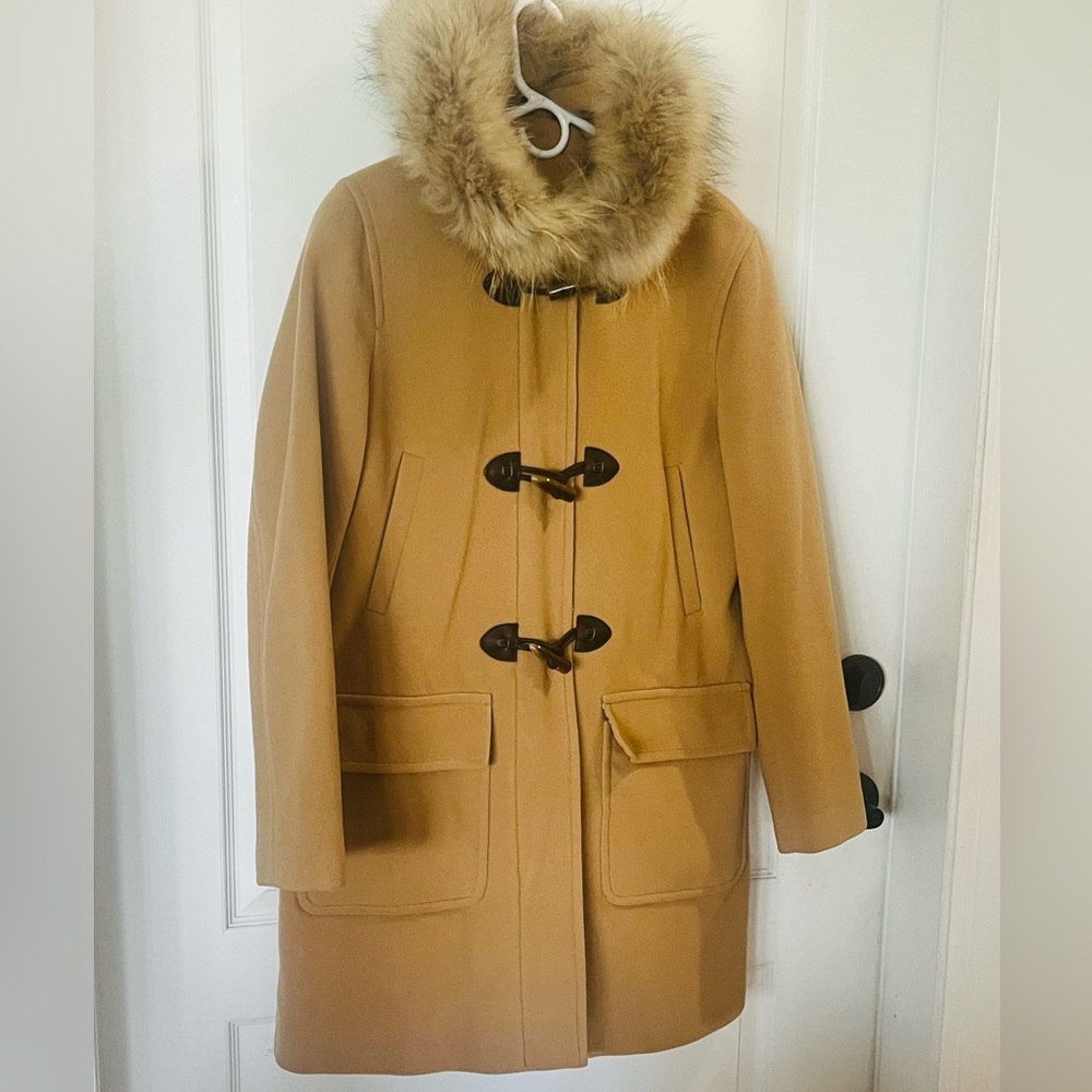 Marvin Richards wool and cashmere camel color pea coat with fur hood size 10